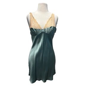 Y2K Victoria's Secret Chemise Silk Lace Medium Sage Green Nude Tie Back Babydoll
